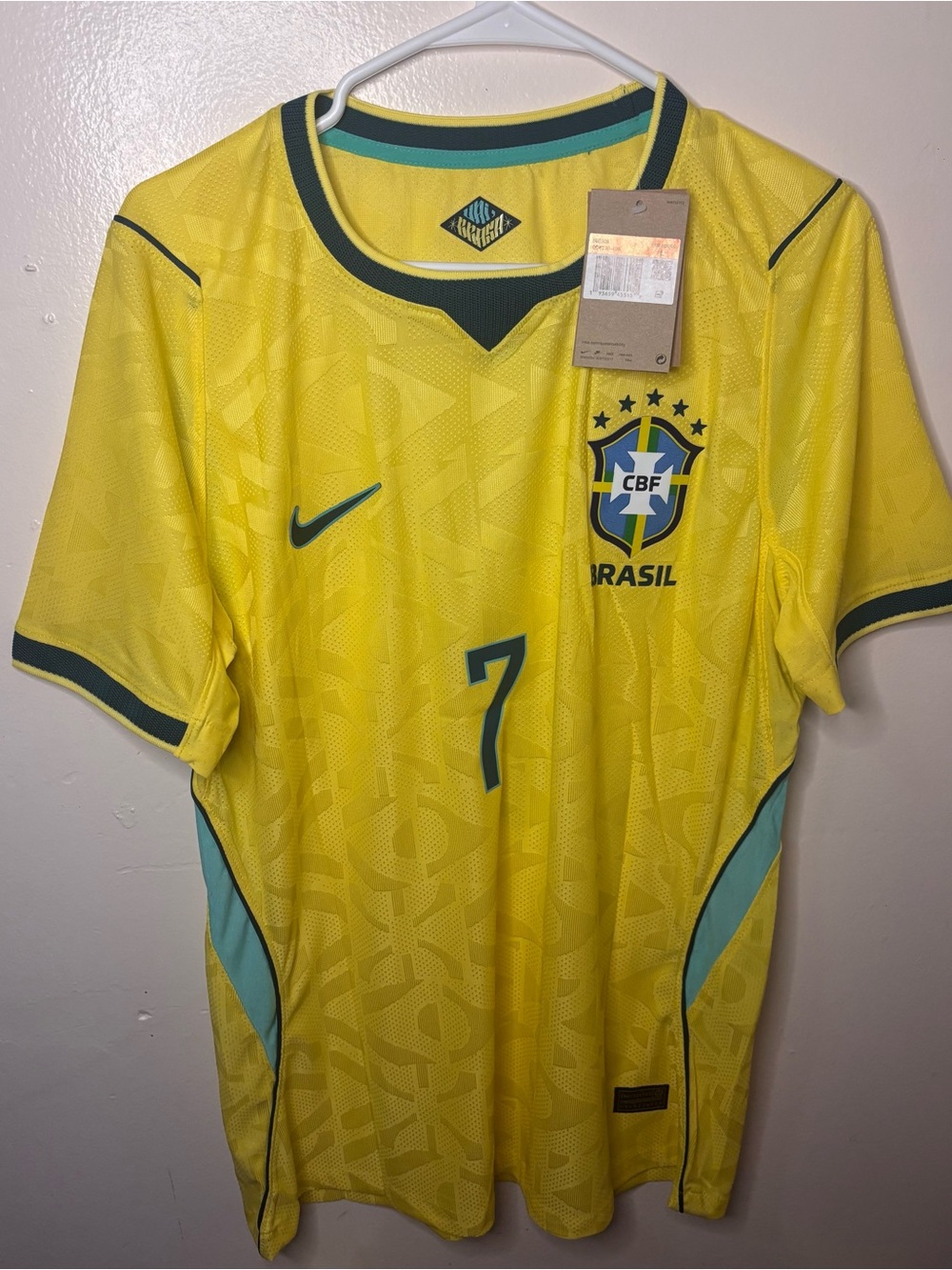 Nike Yellow Brazil CBF #7 Soccer Jersey with Teal Accents